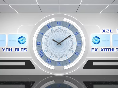 Modern Interior With Large Blue Clock Display Boards And Reflective Floor 3d model