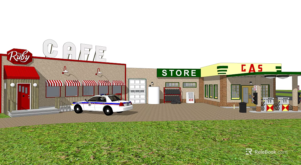 Cafe And Store Building Exterior With Police Car And Green Grass Area 3d model 