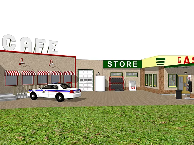 Cafe And Store Building Exterior With Police Car And Green Grass Area 3d model