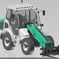 White and Green Utility Vehicle With Large Tires Front Fork Attachment And Orange Warning Light