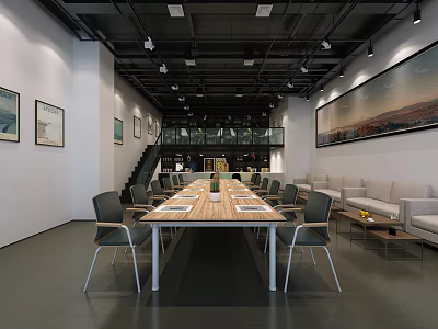 Modern Conference Room Interior With Long Table Chairs Sofa Wall Paintings And Ceiling Lights 3d model