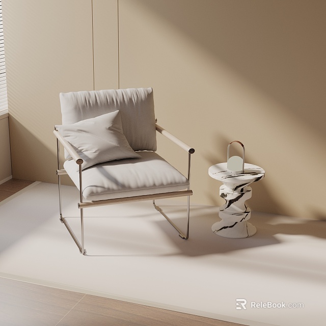 Modern Leisure Chair With Soft Pillow And Marble Side Table Under Natural Light Beige Room 3d model 