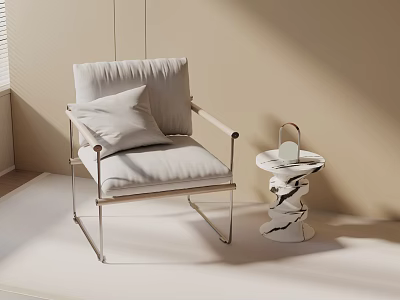 Modern Leisure Chair With Soft Pillow And Marble Side Table Under Natural Light Beige Room 3d model