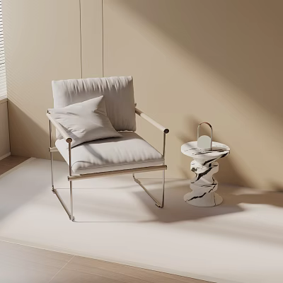 Modern Leisure Chair With Soft Pillow And Marble Side Table Under Natural Light Beige Room 3d model