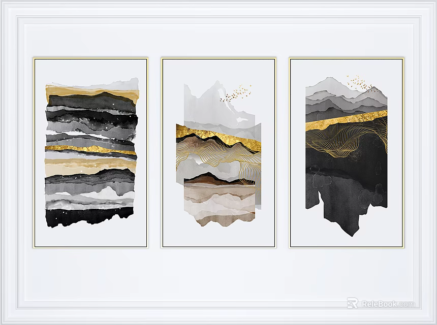 Abstract Triptych Wall Art Paintings With Golden Strokes Gray Beige Black Layers Framed 3d model 