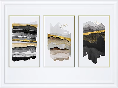 Abstract Triptych Wall Art Paintings With Golden Strokes Gray Beige Black Layers Framed 3d model