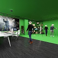Green Public Office Space With Modern Tables People VR Headsets Plants And Tripod