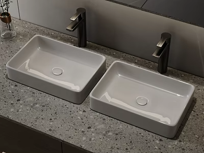 Modern Bathroom Double Square White Washbasins With Black Faucets And Grey Countertop 3d model