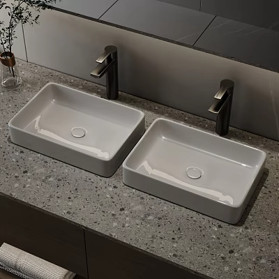 Modern Bathroom Double Square White Washbasins With Black Faucets And Grey Countertop 3d model