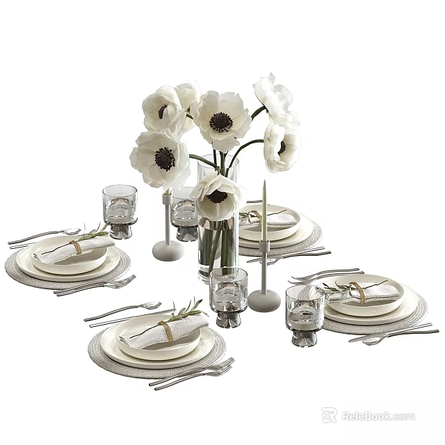 Elegant Dinnerware Set With White Poppies Vase Plates Napkins Cutlery And Glasses Table Setting 3d model 