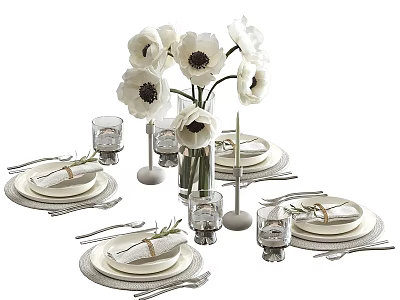 Elegant Dinnerware Set With White Poppies Vase Plates Napkins Cutlery And Glasses Table Setting 3d model