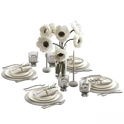 Elegant Dinnerware Set With White Poppies Vase Plates Napkins Cutlery And Glasses Table Setting 3d model