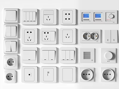 White Modern Switch Panels Featuring Various Types Switches Sockets Display And Control Knobs 3d model