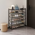 Multi Tier Shoe Rack Organizer With Various Shoes Beige Storage Stool And Decor Items 3d model