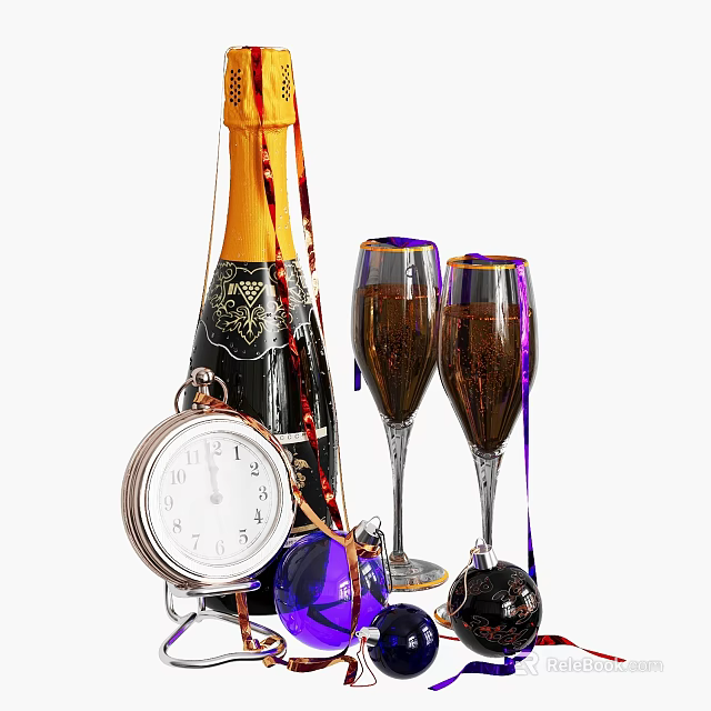 Elegant Champagne Bottle With Gold Decorations Two Wine Glasses Pocket Watch And Purple Decorative Balls 3d model 