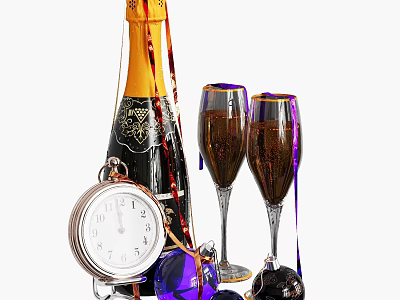Elegant Champagne Bottle With Gold Decorations Two Wine Glasses Pocket Watch And Purple Decorative Balls 3d model
