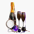 Elegant Champagne Bottle With Gold Decorations Two Wine Glasses Pocket Watch And Purple Decorative Balls