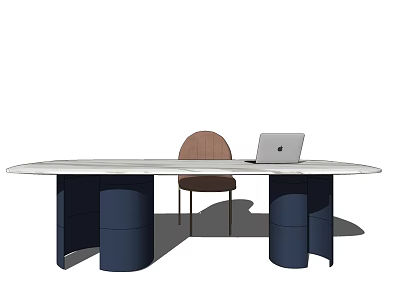 Modern Desk with Oval Top Blue Cylindrical Legs Brown Chair and Laptop on Surface 3d model