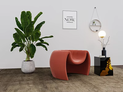 Orange Curved Accent Chair with Green Plant Brown Carpet White Planter and Wall Art 3d model