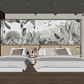 Hotel Guest Room Interior With Twin Beds Botanical Bird Mural And Wooden Elements