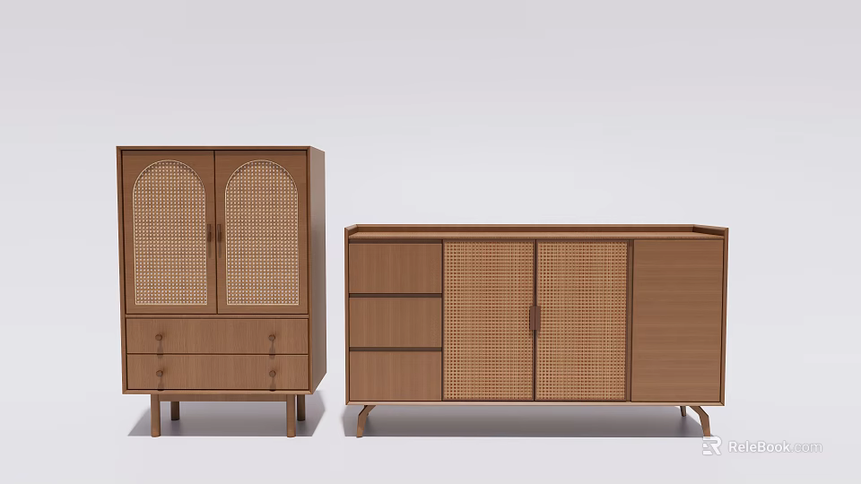 Modern Minimalist Entryway Console And Side Cabinets With Wooden Rattan Design 3d model 