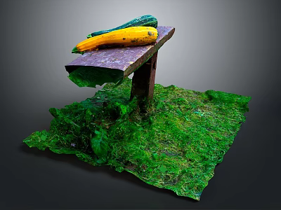 Cartoon Scene With Purple Table Yellow Green Zucchini Rusty Metal Legs And Green Grassy Ground 3d model