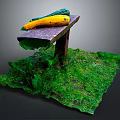 Cartoon Scene With Purple Table Yellow Green Zucchini Rusty Metal Legs And Green Grassy Ground