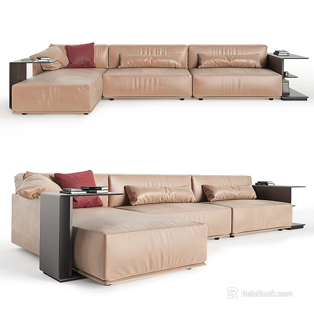 Modern Beige Leather Sectional Sofa With Spacious Design Comfortable Cushions And Side Tables 3d model