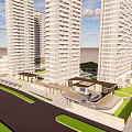 Modern High Rise Hotel Complex Exterior With Landscaping Roads And Parking Area