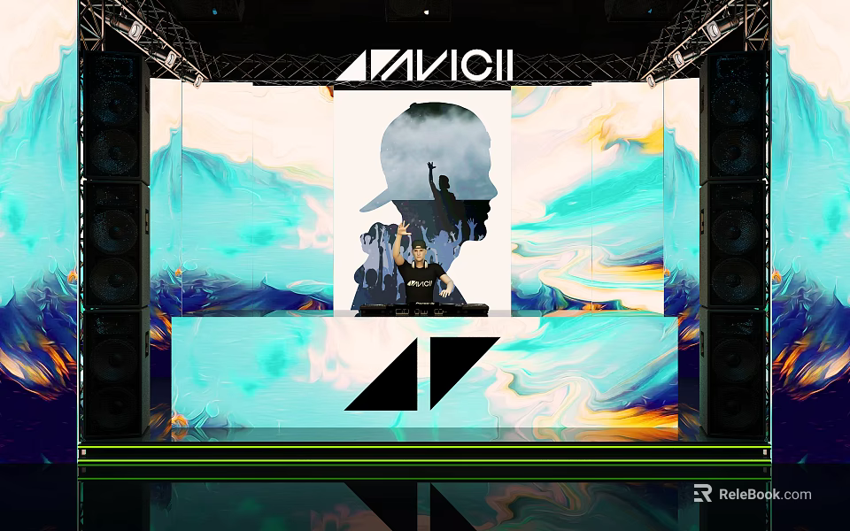 AVICII Concert Stage With DJ Silhouette And Colorful Abstract Background Visuals 3d model 