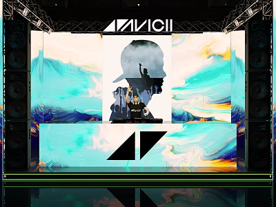 AVICII Concert Stage With DJ Silhouette And Colorful Abstract Background Visuals 3d model