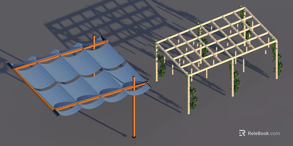 Outdoor Pergola Design With Blue Canopy Orange Posts White Frame And Green Vines 3d model 