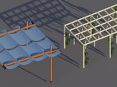 Outdoor Pergola Design With Blue Canopy Orange Posts White Frame And Green Vines 3d model
