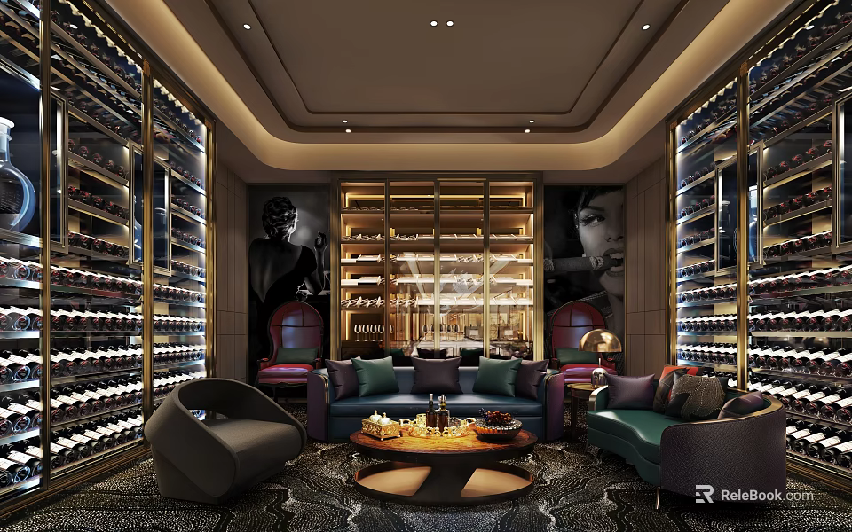 Luxurious Lounge Interior With Wine Racks Sofas Armchairs And Coffee Table 3d model 