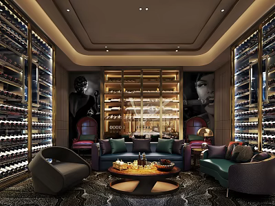 Luxurious Lounge Interior With Wine Racks Sofas Armchairs And Coffee Table 3d model