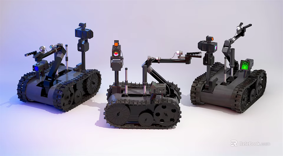 Three Advanced Tracked Smart Machines With Mechanical Arms And Various Equipment 3d model 
