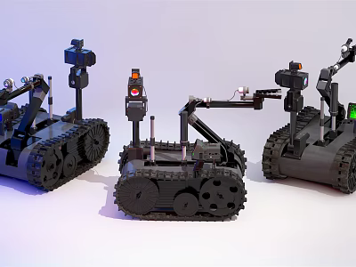 Three Advanced Tracked Smart Machines With Mechanical Arms And Various Equipment 3d model