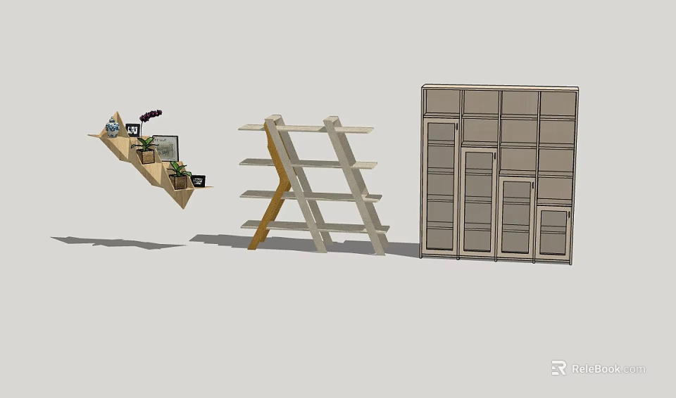 Modern Wooden Bookcases Featuring Wall Mounted Open Shelves And Cabinet Designs 3d model 