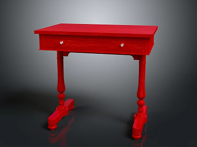 Classic Red Desk With Single Drawer And Carved Wooden Legs Design 3d model