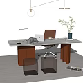 Modern Office Desk Setup With Laptop Lamp Brown Chair Plant And Clear Cube Stools