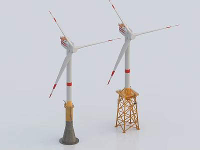 Two Industrial Wind Turbines With White Blades Red Stripes And Yellow Metal Tower Frames 3d model
