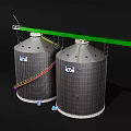 Two Silver Cylindrical Industrial Storage Tanks With Green Overhead Beam Mesh Structure And Colored Pipes