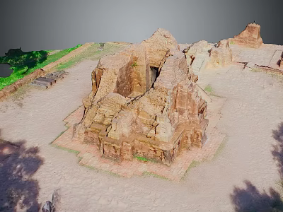 Ancient Stone Ruins Landscape With Sandy Ground And Green Vegetation 3d model