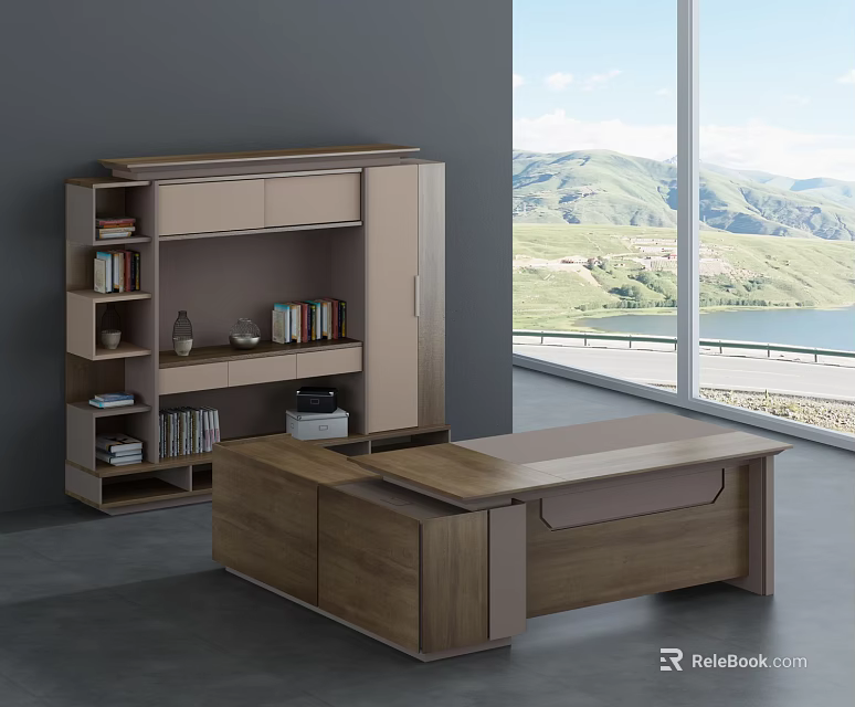 Modern Office Desk with Bookshelf Cabinet Books Decor Printer by Large Window Mountain Lake View 3d model 