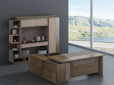 Modern Office Desk with Bookshelf Cabinet Books Decor Printer by Large Window Mountain Lake View 3d model