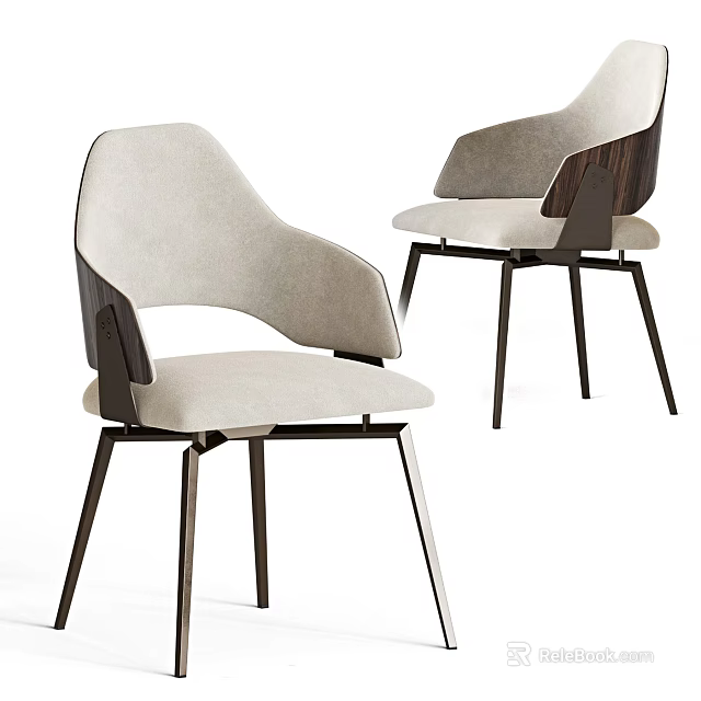 Modern Minimalist Upholstered Dining Chairs With Light Beige Fabric Armrests And Dark Wooden Legs 3d model 