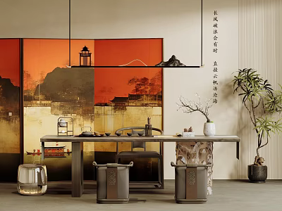 Chinese Style Tea Table and Chairs with Landscape Painting Screen Tea Sets and Plant 3d model