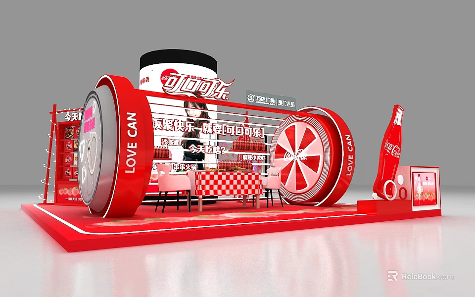 Red Coca Cola Exhibition Booth With LOVE CAN Circular Decorations And Checkered Elements 3d model 