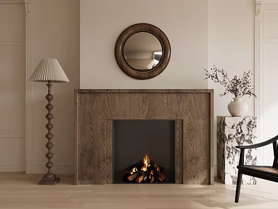 Cozy Fireplace With Burning Fire Round Mirror Above Floor Lamp And Vase Plants 3d model