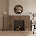 Cozy Fireplace With Burning Fire Round Mirror Above Floor Lamp And Vase Plants
